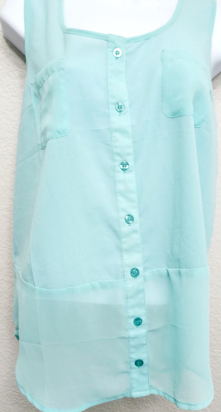 Mine Teal Sleeveless Button Up Top Small Lightweight Sheer Hem Breast Pockets